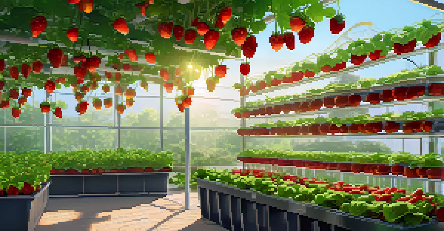 An outdoor hydroponic garden with vertical setups of strawberries and tomatoes, surrounded by lush greenery and bright sunlight.