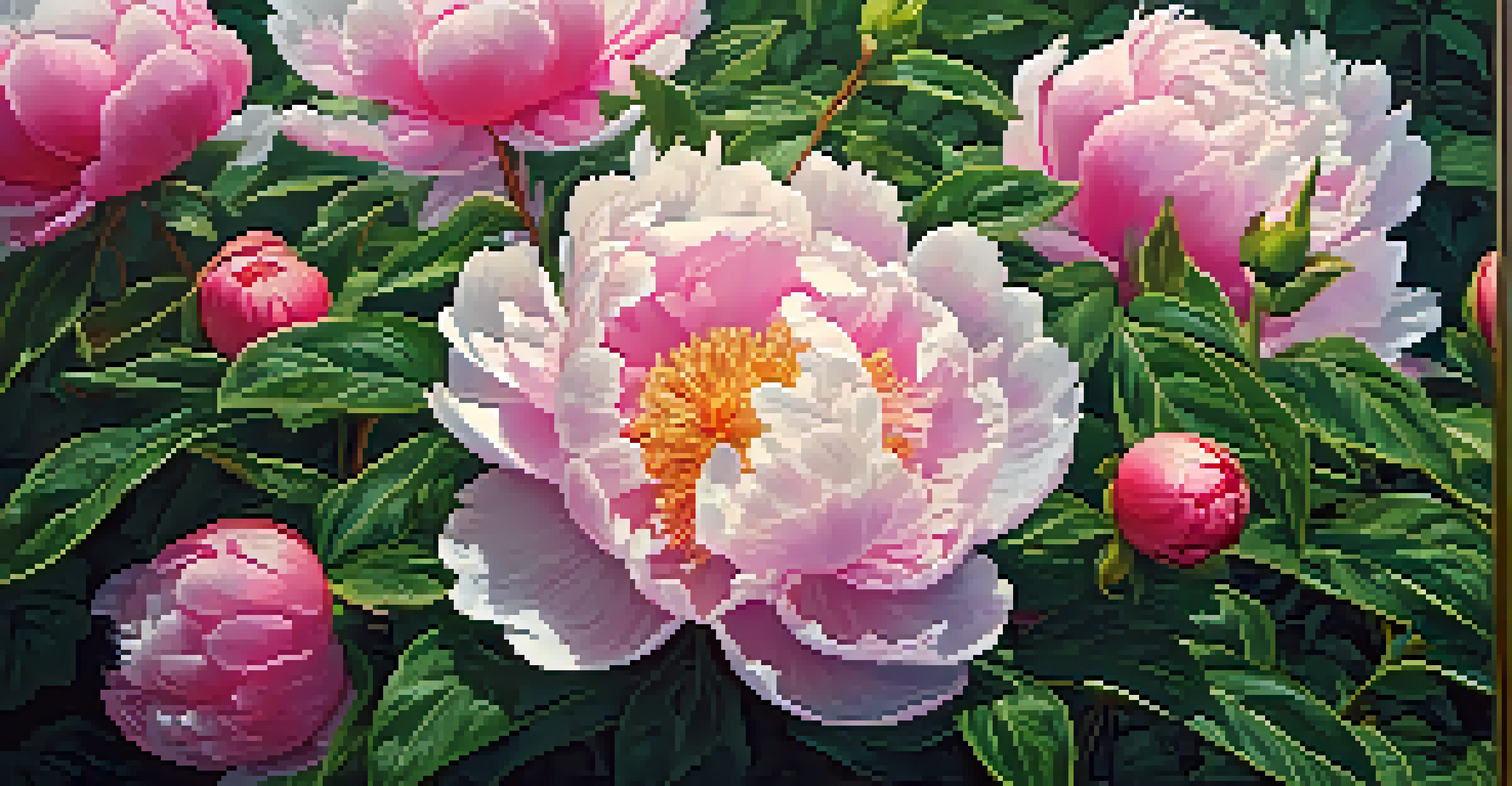 Close-up view of blooming peony with dew drops on leaves, surrounded by lush green foliage in morning light.
