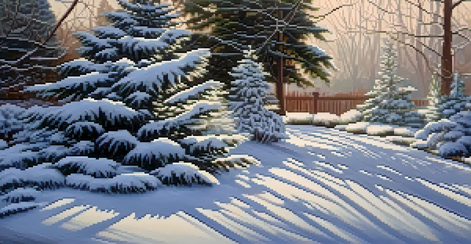 A winter garden with snow-covered evergreen shrubs and frosted leaves, illuminated by soft sunlight.