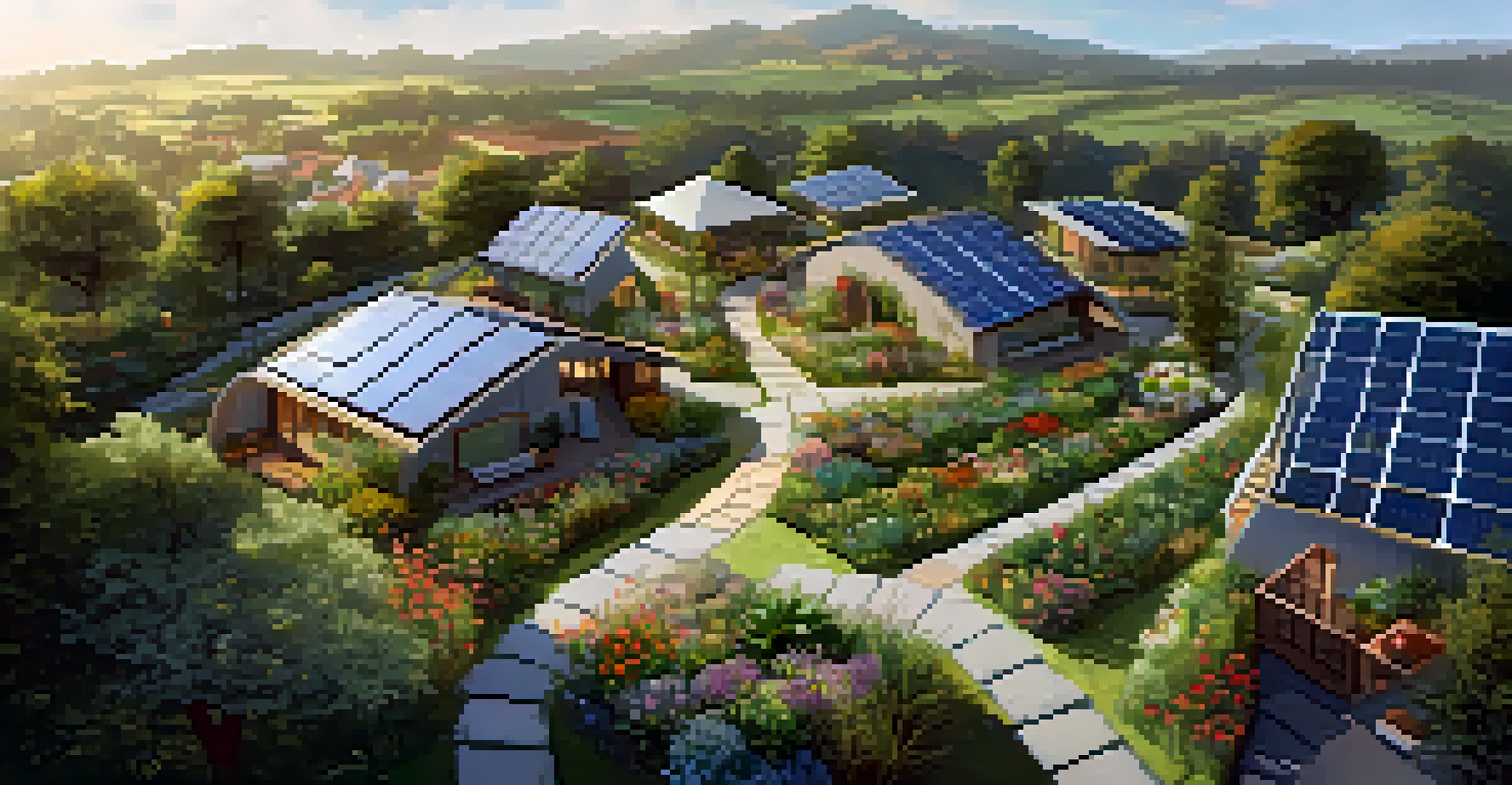 An aerial view of a sustainable permaculture village with gardens, solar panels, and flowering pathways illuminated by warm evening light.