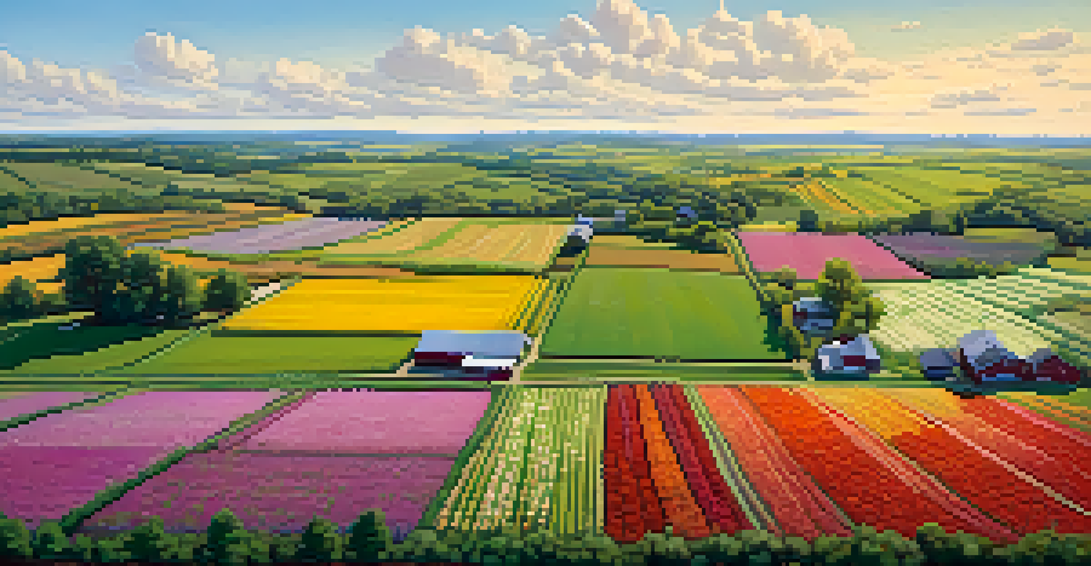 Aerial view of a farm showcasing colorful cover crops in rows, with flowers attracting pollinators under a bright blue sky.