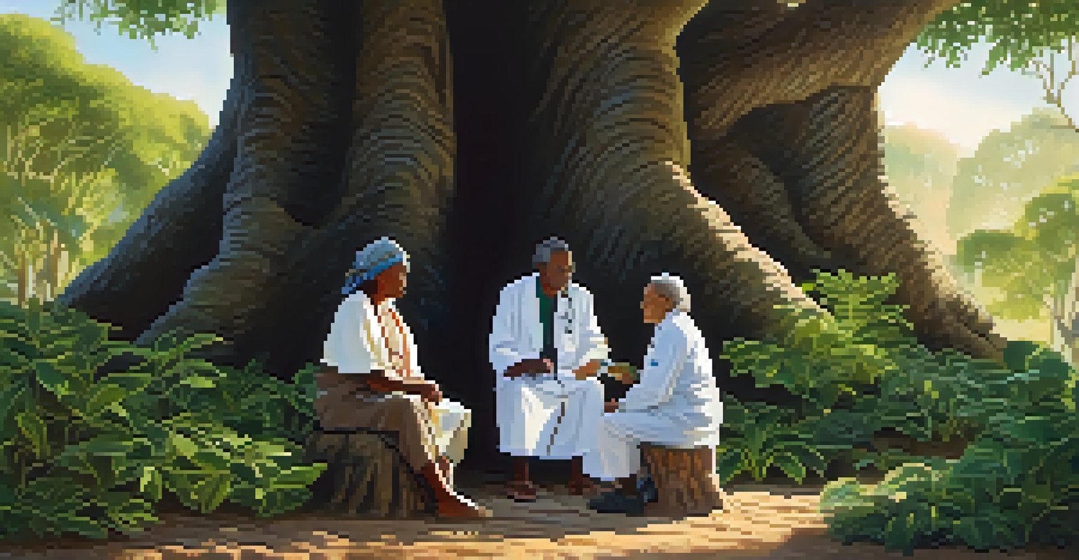 A healthcare professional and an indigenous elder discussing herbal remedies under a large tree in a lush setting.