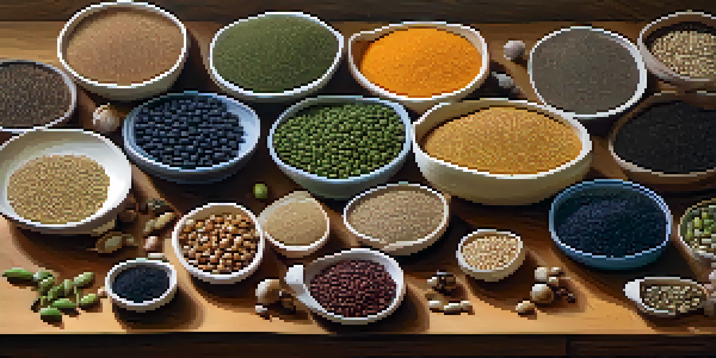 A close-up view of various seeds on a wooden table with natural lighting and a blurred garden background.