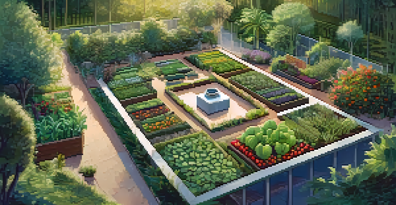 An aerial view of a sustainable garden with geometric planting patterns of diverse crops, paths winding through the greenery, filled with butterflies.