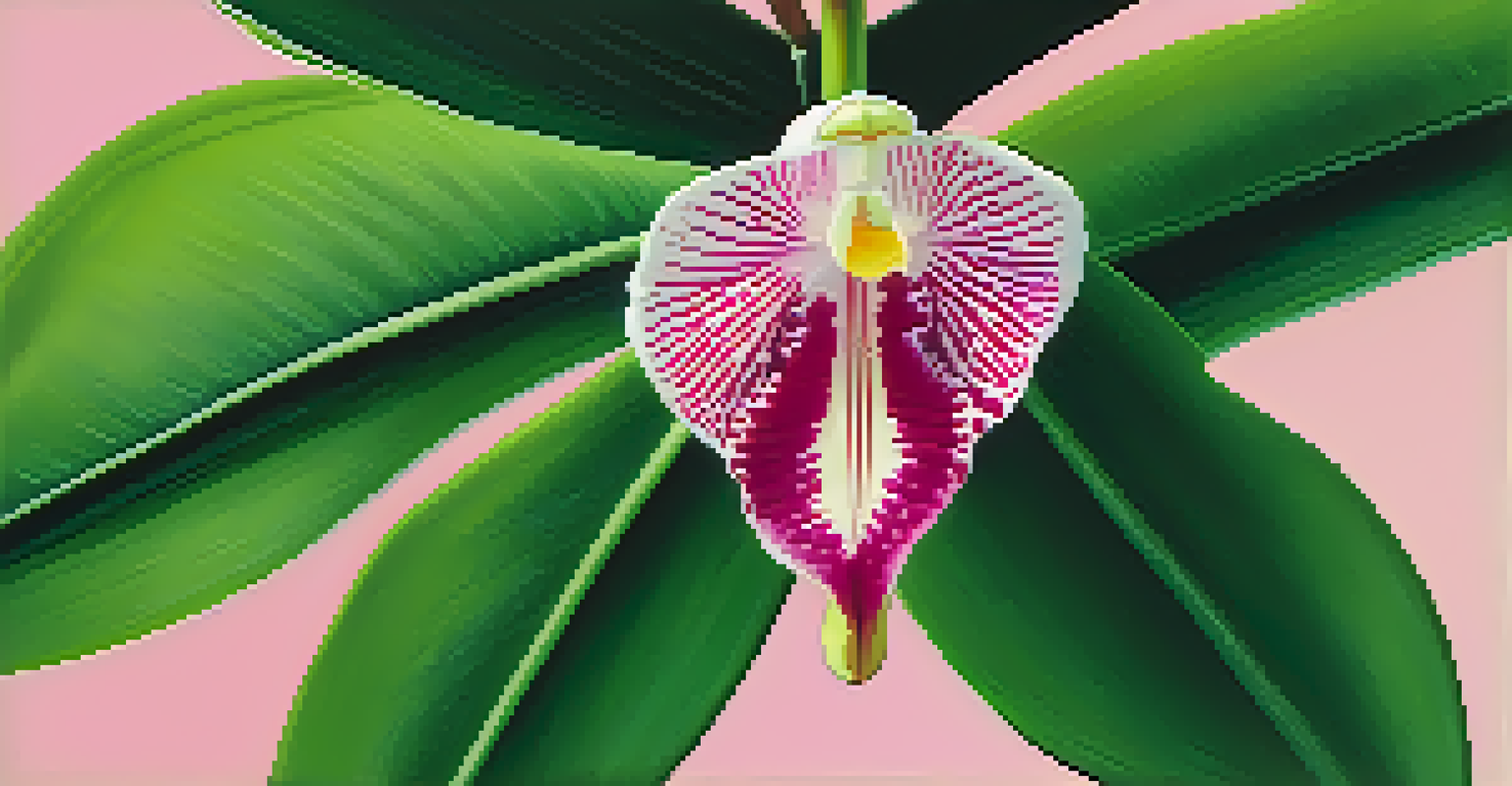 A close-up view of a leaf-mimicking orchid surrounded by lush green leaves in a tropical rainforest, with sunlight filtering through the trees.