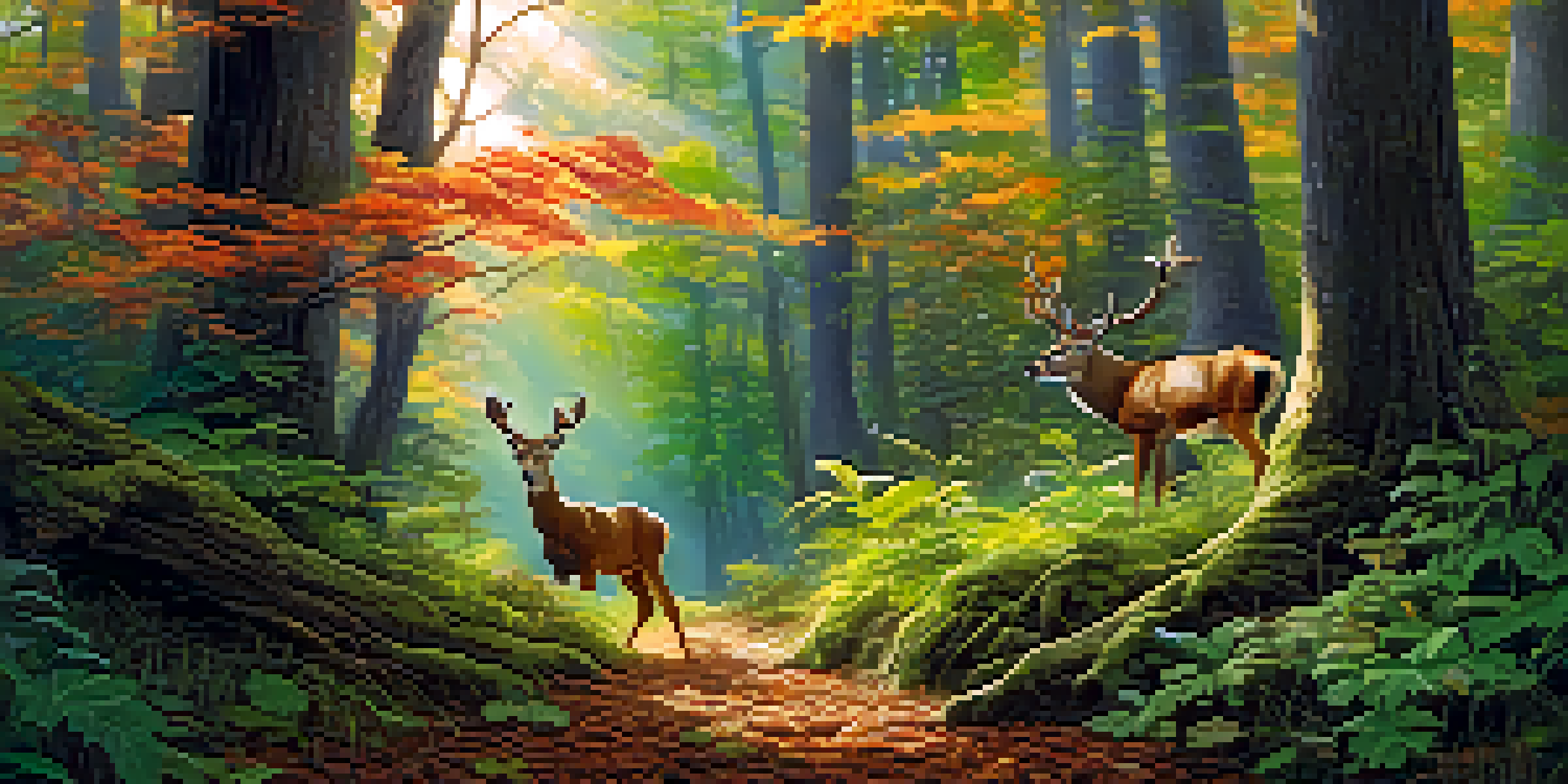 A lush forest filled with green plants and a grazing deer, sunlight filtering through leaves, illustrating the connection between plants and animals in nutrient cycling.