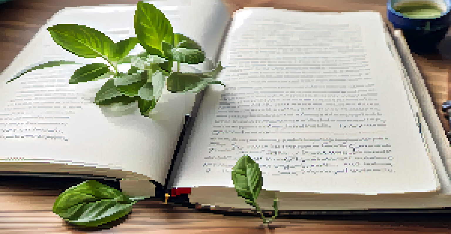 A close-up of a journal with notes on homeopathic remedies, featuring a pen and a small herb plant in the background.