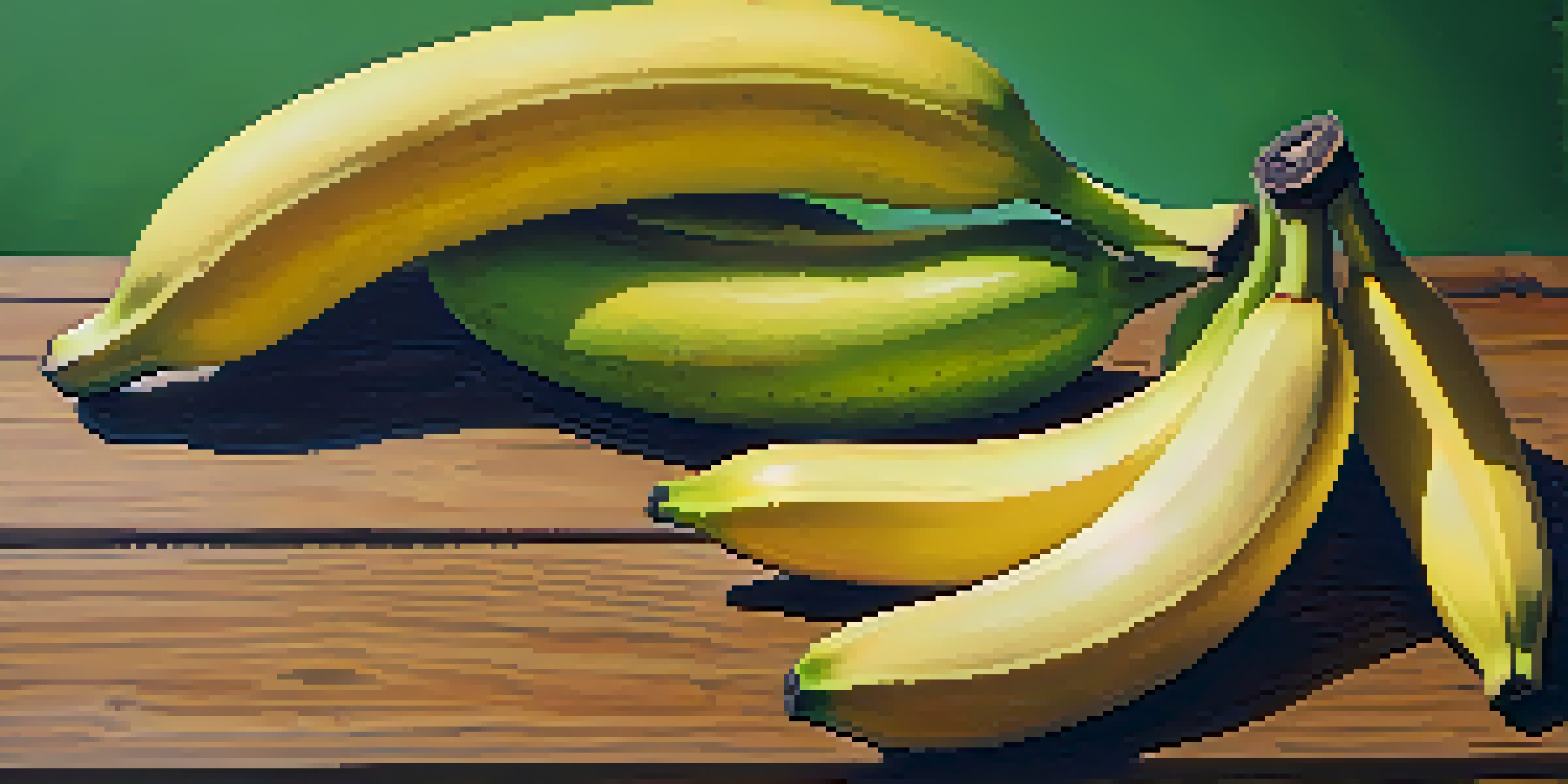 A ripe banana on a wooden table with a bowl of green bananas in the background.