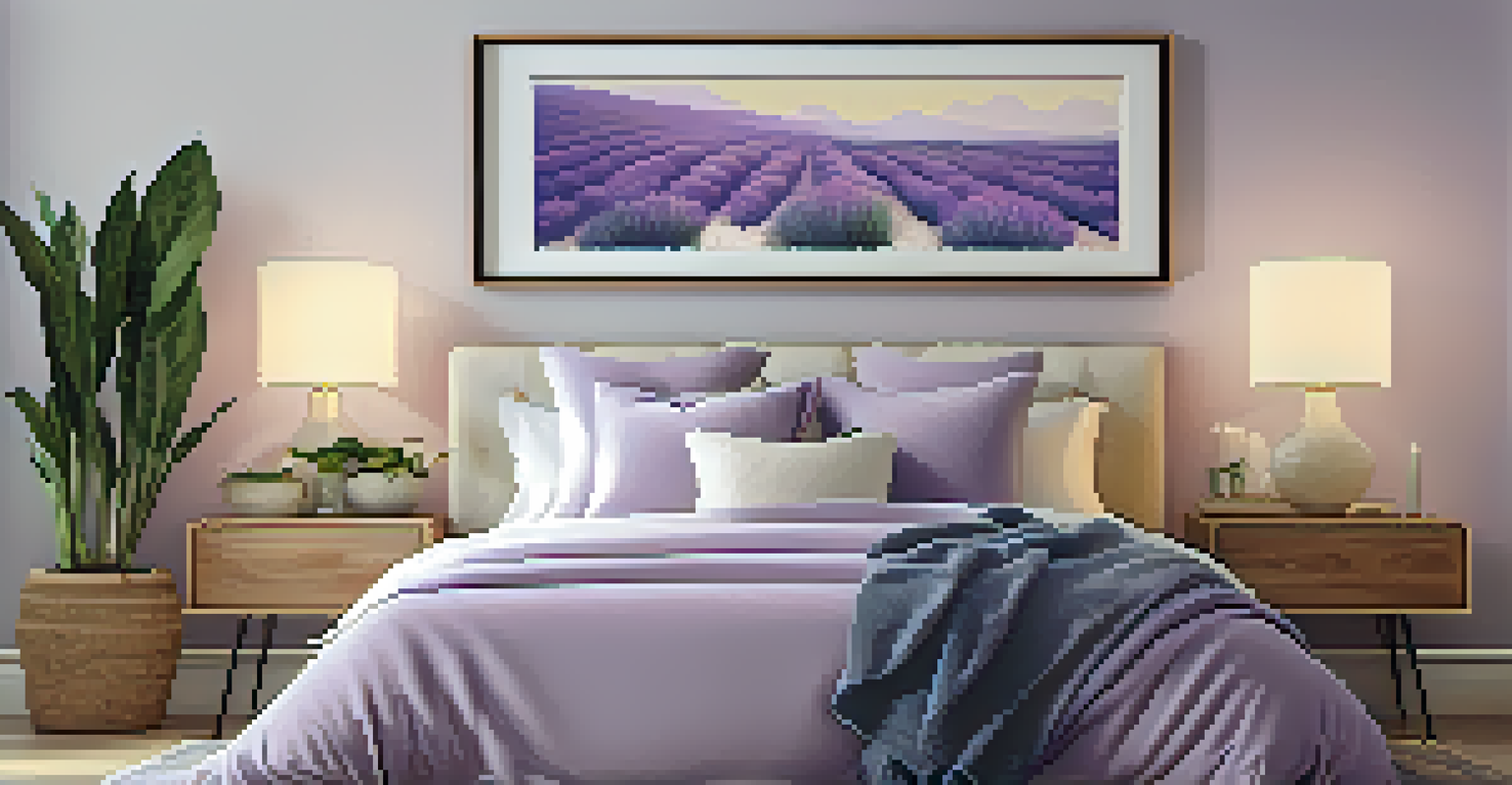 A serene bedroom featuring a bedside table with a lavender plant and a snake plant, illuminated by soft light from a lamp.