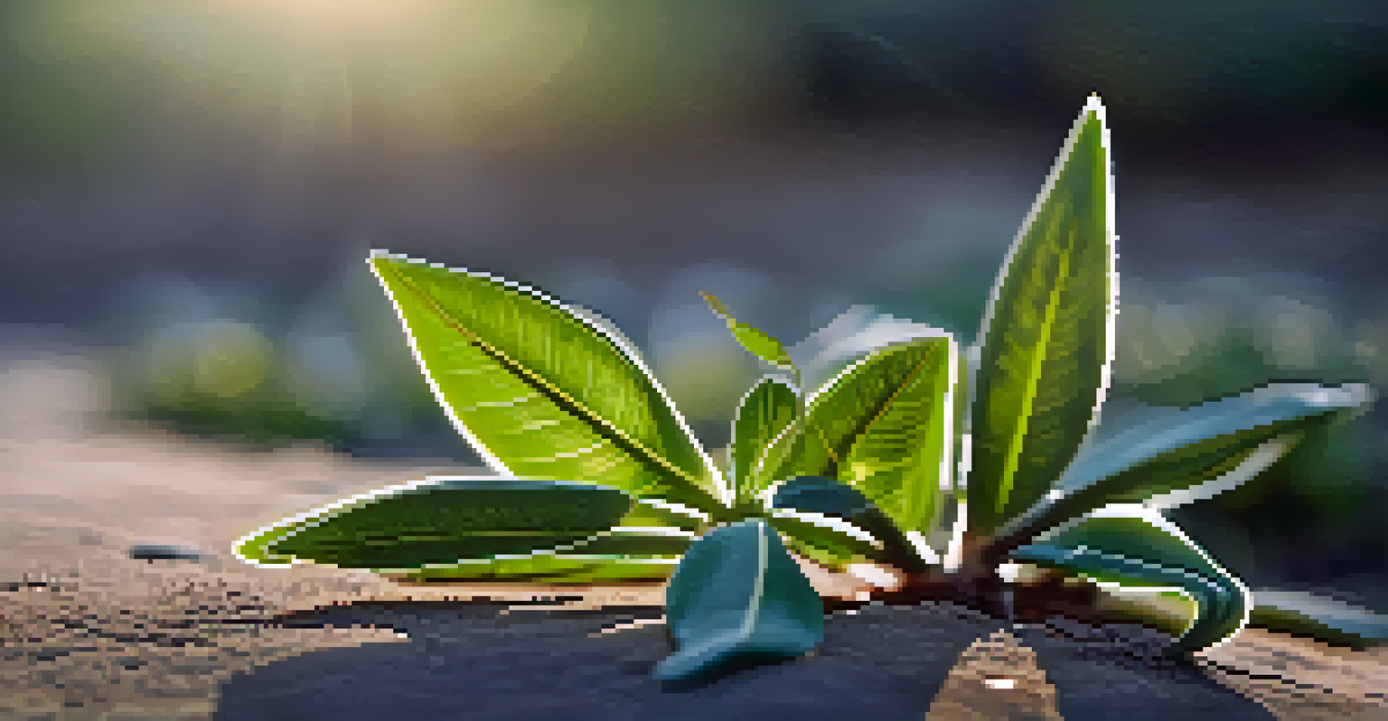 Close-up of a drought-resistant plant with deep roots and waxy leaves, illuminated by sunlight against a blurred background.
