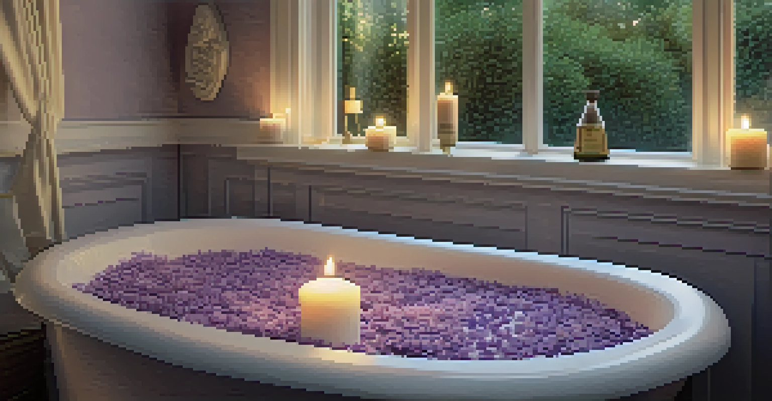 A relaxing bath with lavender petals, candles, and essential oils surrounding a tub.