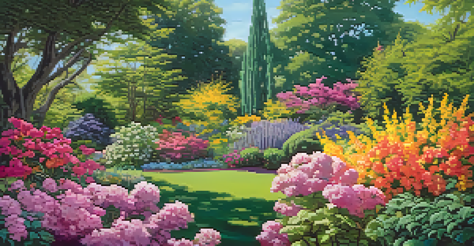 A colorful garden filled with various flowering plants and lush green leaves under a blue sky.