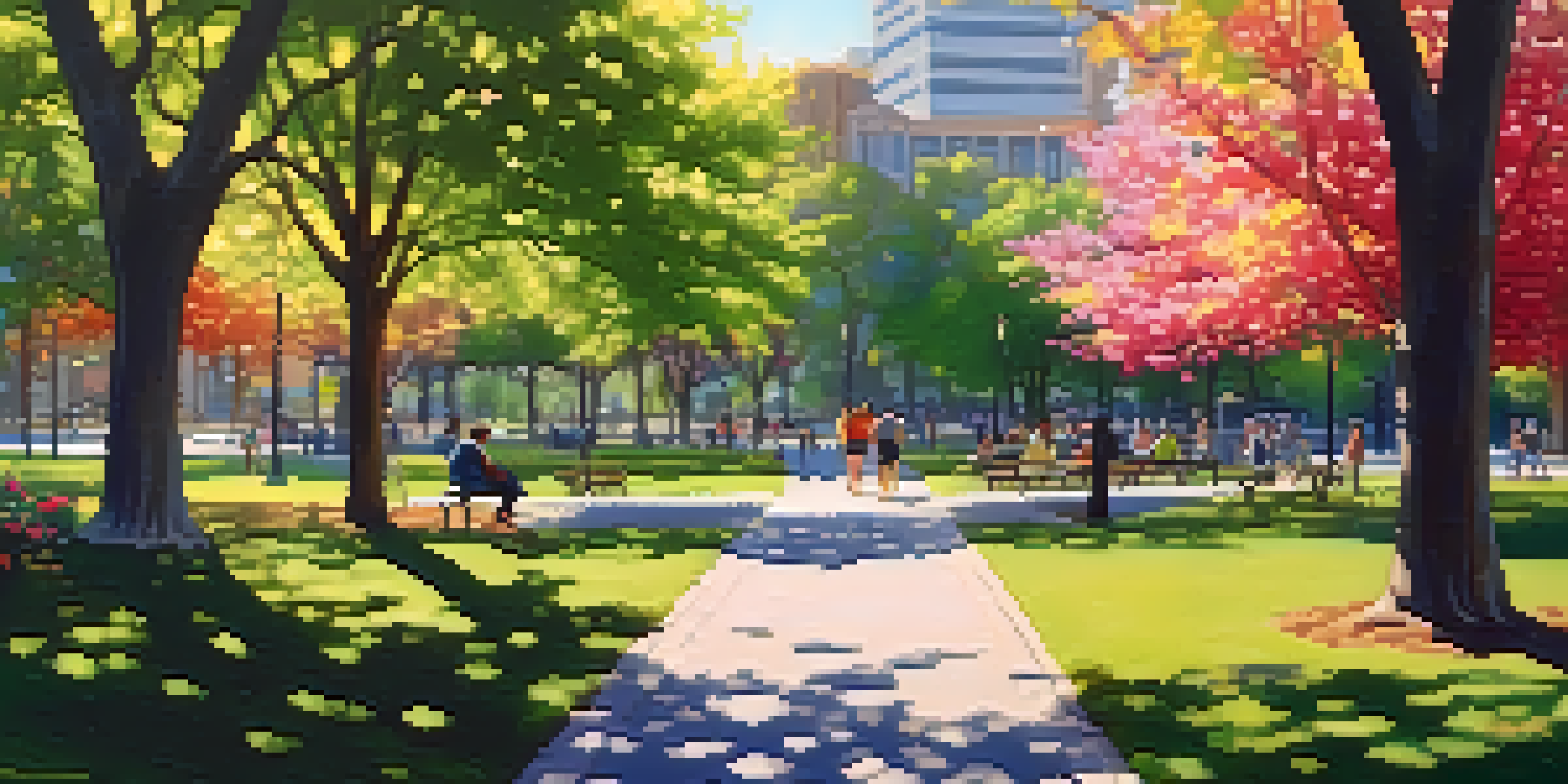 A peaceful urban park with green trees and flowers, featuring people enjoying the outdoors.