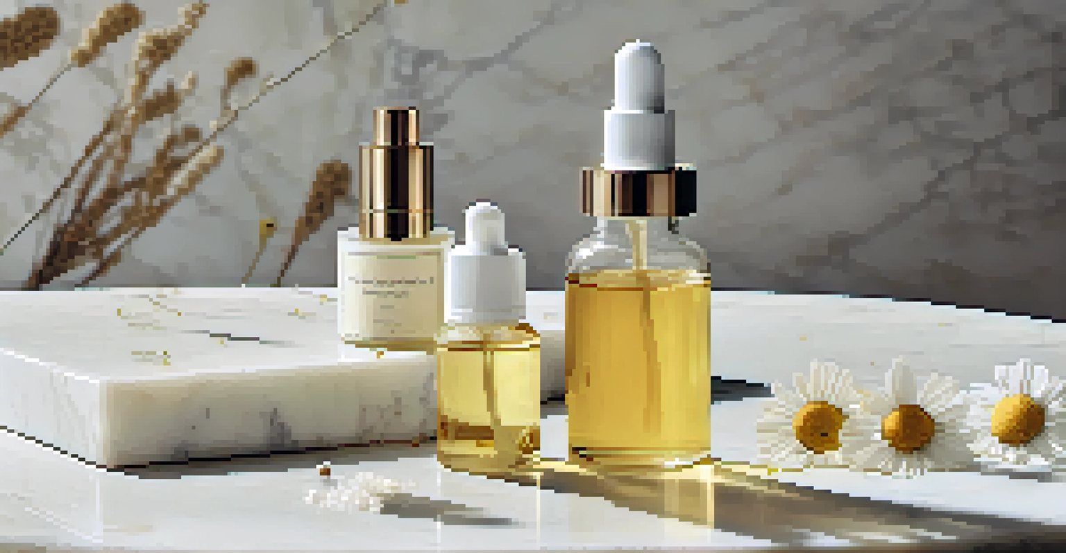 Chamomile skincare products and dried flowers displayed on a marble surface.