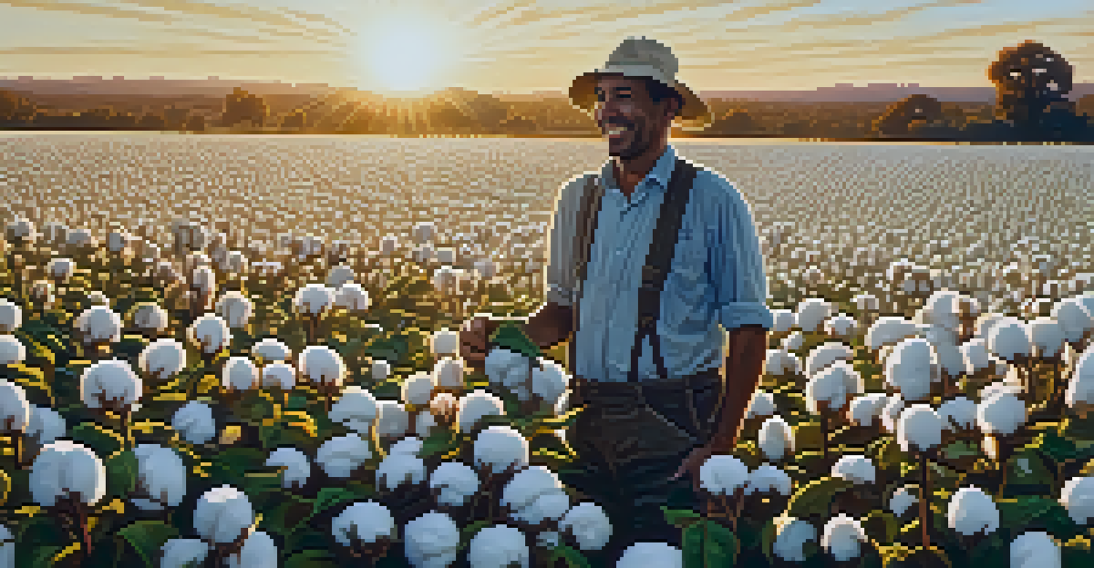 A farmer in an organic cotton field during sunset, surrounded by lush greenery and illuminated cotton bolls.