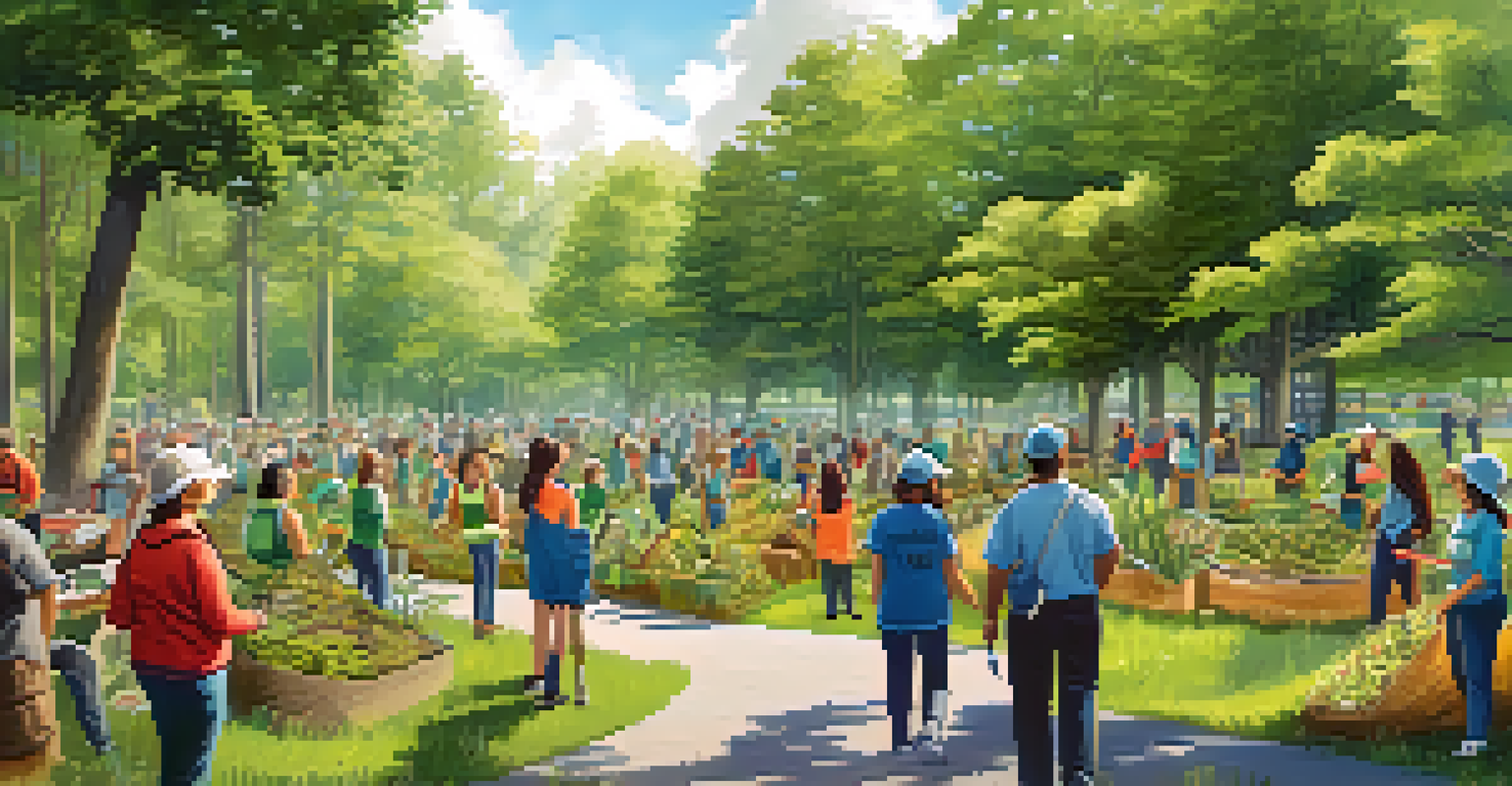 A community event showing diverse volunteers removing invasive plants in a park, with colorful banners promoting awareness and discussions about protecting native biodiversity.