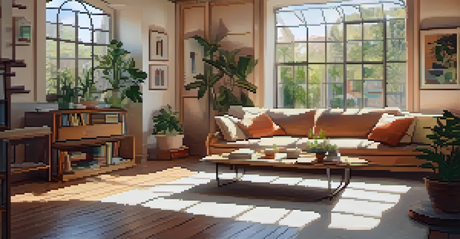A cozy living room illuminated by sunlight pouring in from a large skylight, featuring a comfortable sofa and warm-colored walls.