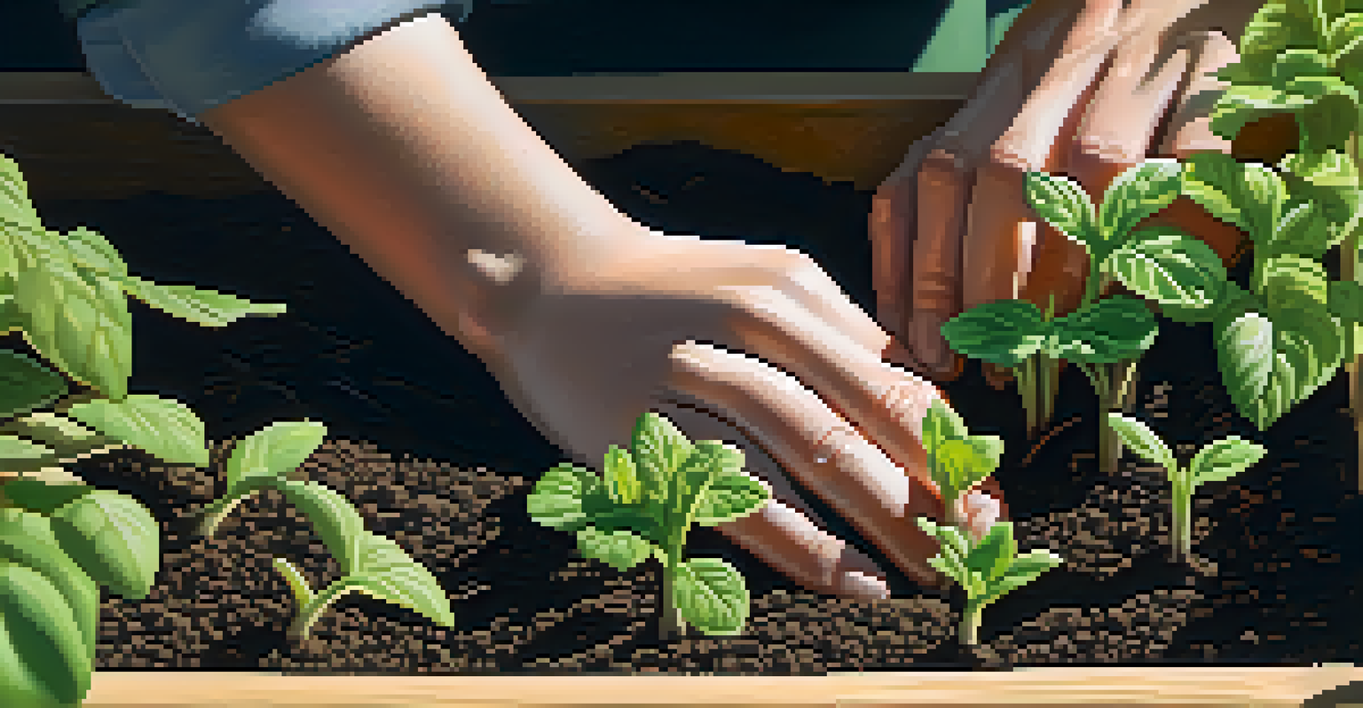 Close-up of hands planting seedlings in a raised garden bed with rich soil and soft sunlight.