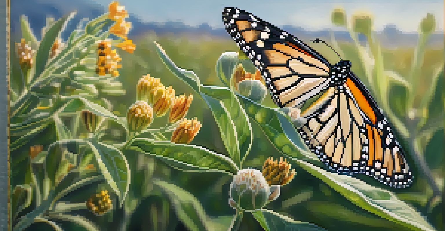 A close-up of a milkweed plant with monarch butterfly larvae and vibrant flowers, set against a soft-focus meadow filled with other native plants and sunlight filtering through the leaves.