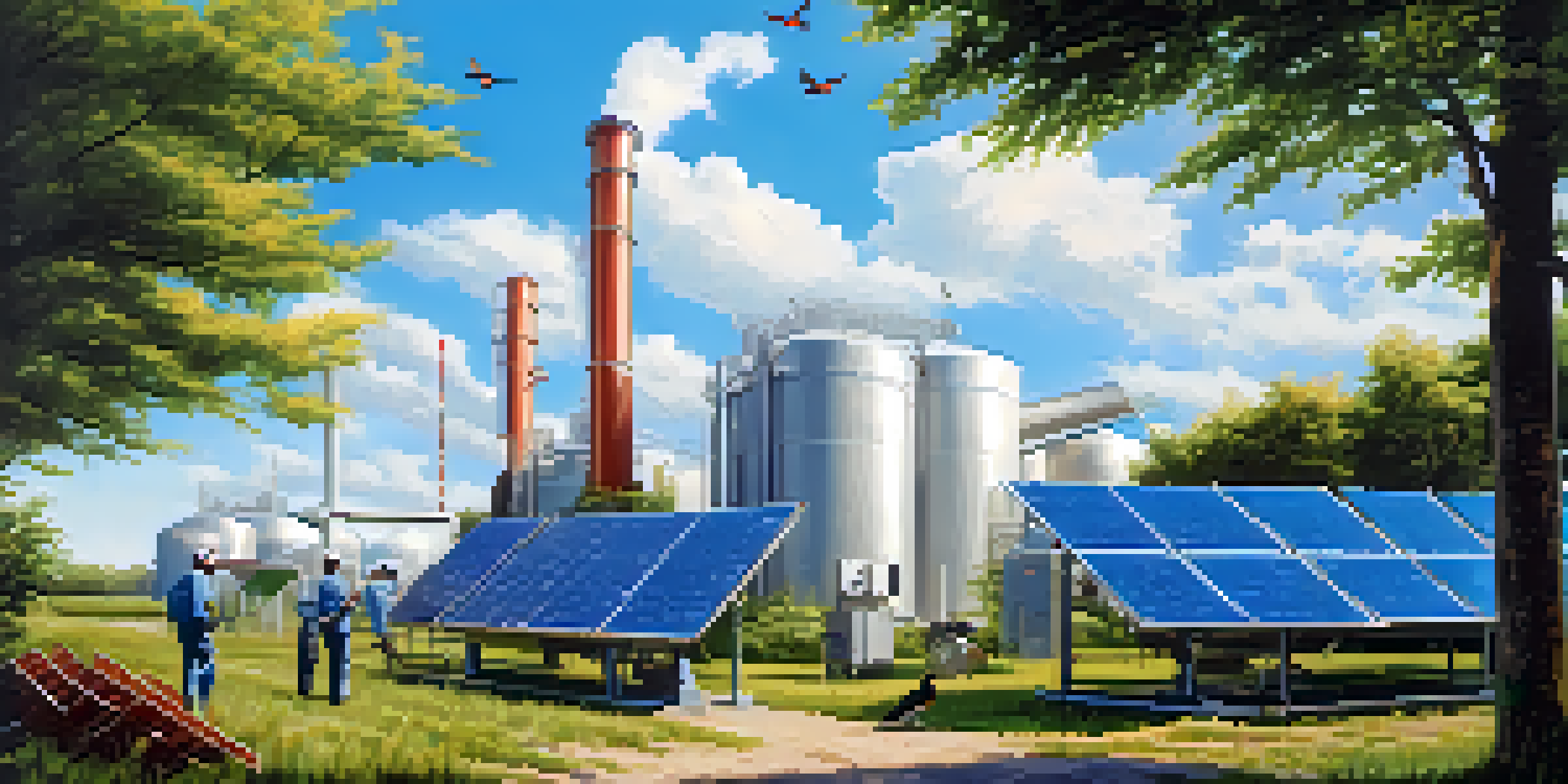 A vibrant bioenergy plant with green surroundings, featuring biogas tanks and solar panels, while workers harvest biomass.