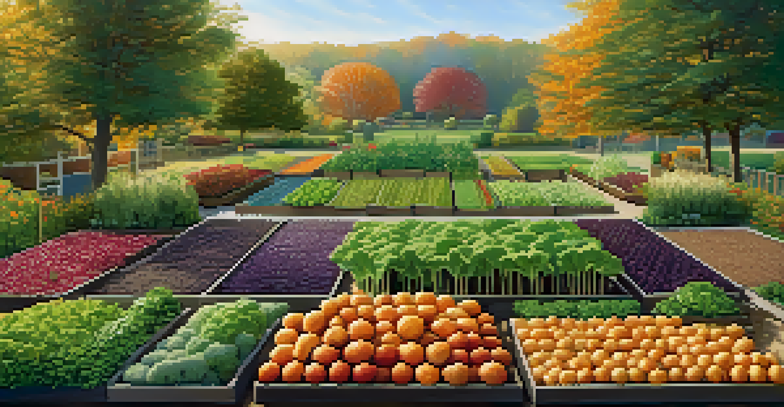A well-structured garden layout with sections for different crops, basking in warm fall sunlight, showcasing diverse greenery.