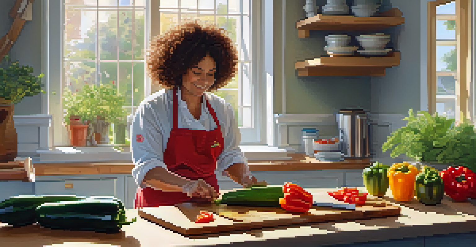 A chef preparing a plant-based meal, chopping bell peppers and zucchini in a sunlit kitchen.