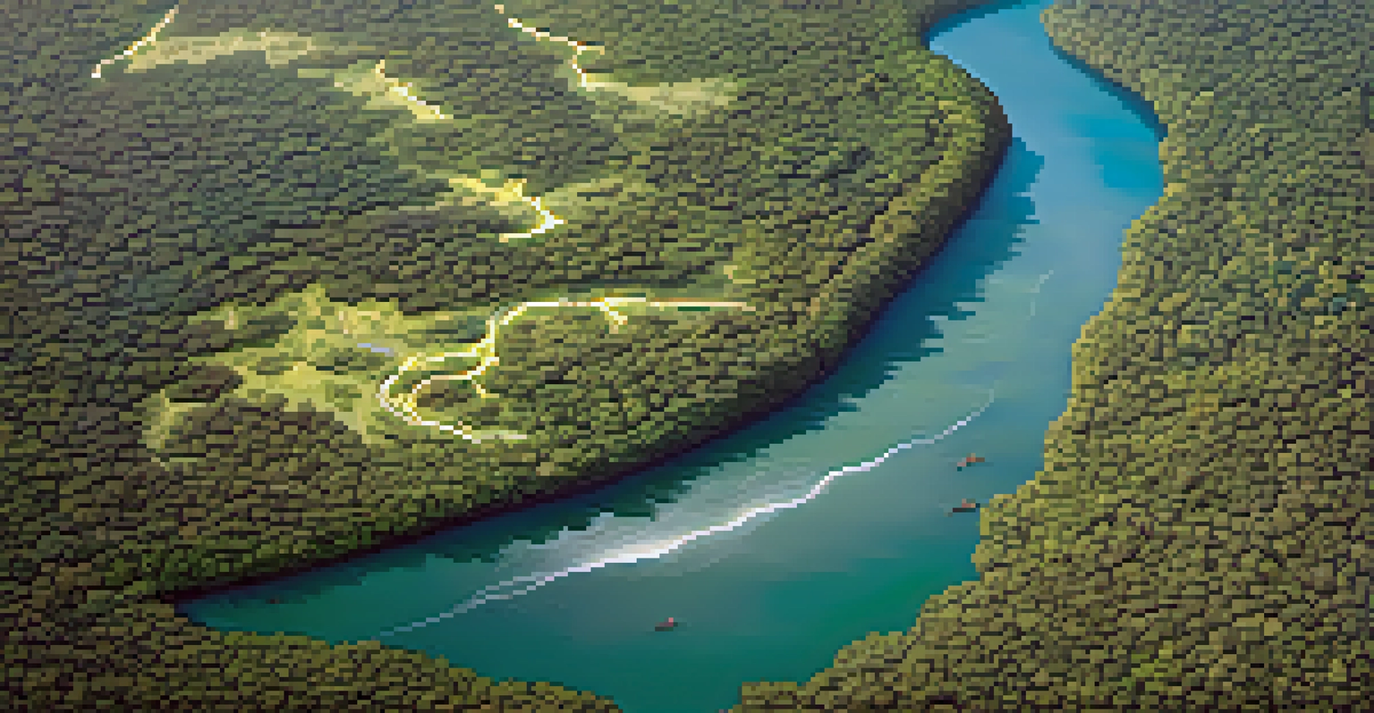 An aerial view of the Amazon rainforest contrasting deforested and lush areas, with indigenous communities fishing sustainably.