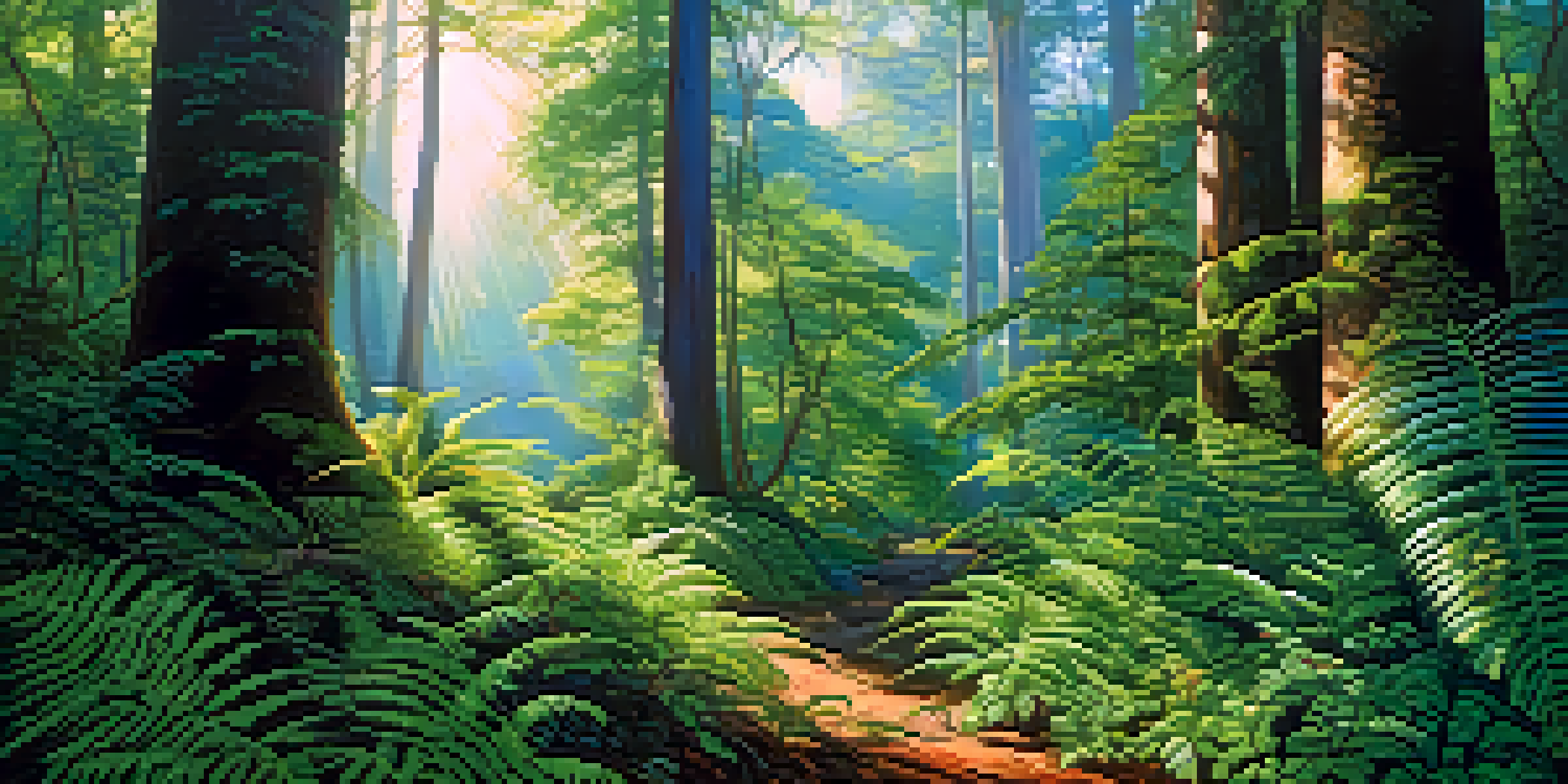A vibrant forest scene with diverse trees and sunlight filtering through the canopy, creating dappled shadows on the green forest floor.