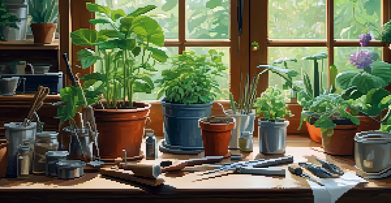 A gardening workspace featuring scissors, pots with soil, and rooting hormone, set on a wooden table with healthy plants in the background.