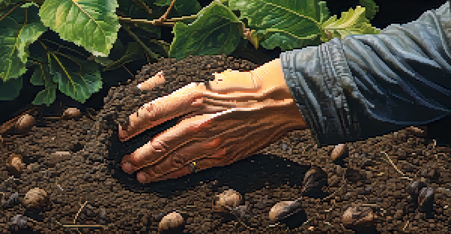 A close-up of hands mixing a compost pile, showing rich compost materials like eggshells and grass clippings in natural light.
