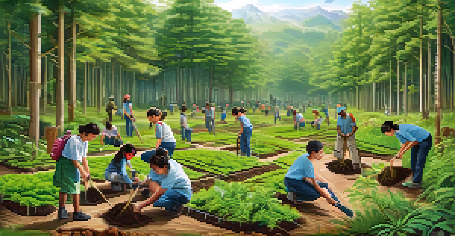 A community reforestation project with volunteers planting trees, surrounded by educational posters, and a flourishing forest in the background.