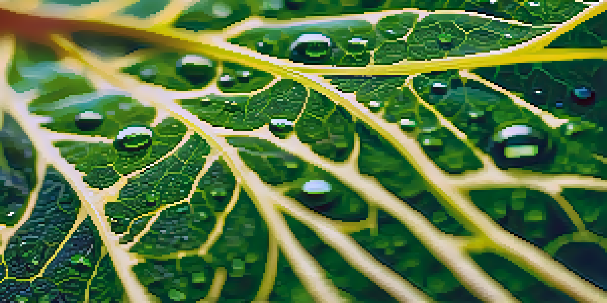 A detailed close-up of a leaf showing tiny openings called stomata, with water droplets on it, set in a softly blurred garden background with sunlight filtering through trees.