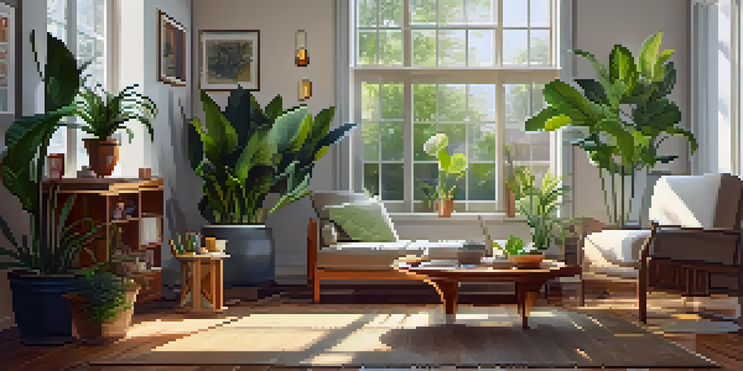 A cozy living room filled with houseplants, sunlight streaming through windows, creating a calm and inviting atmosphere with a comfortable chair and a table with herbal tea.