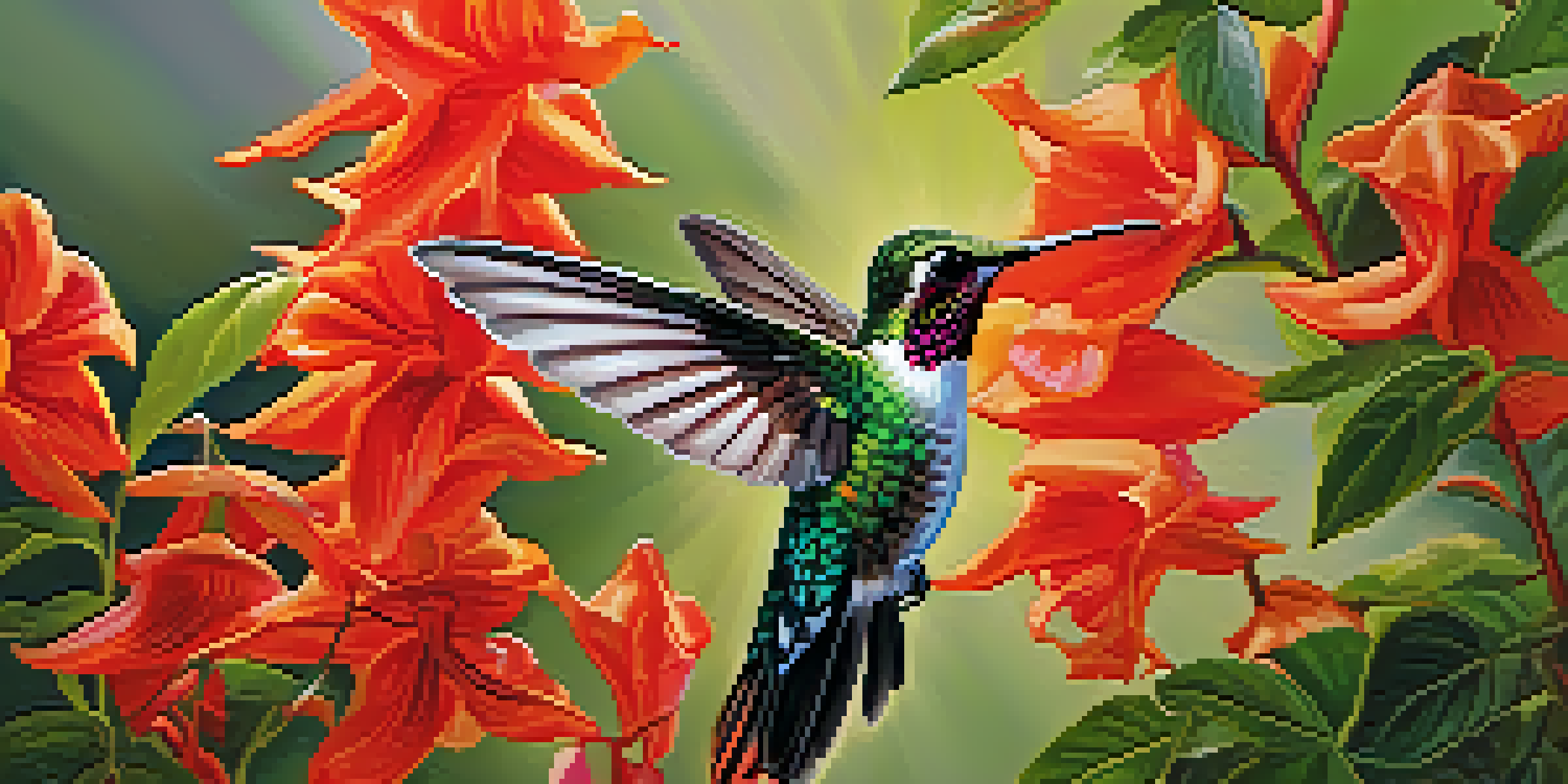 A colorful hummingbird hovering near a red trumpet vine flower, with blurred green foliage in the background.