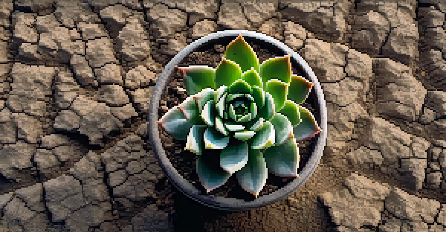 An overhead shot of a potted succulent in dry soil, showing cracked and dry top soil while the succulent remains healthy. Natural light creates soft shadows around the pot.