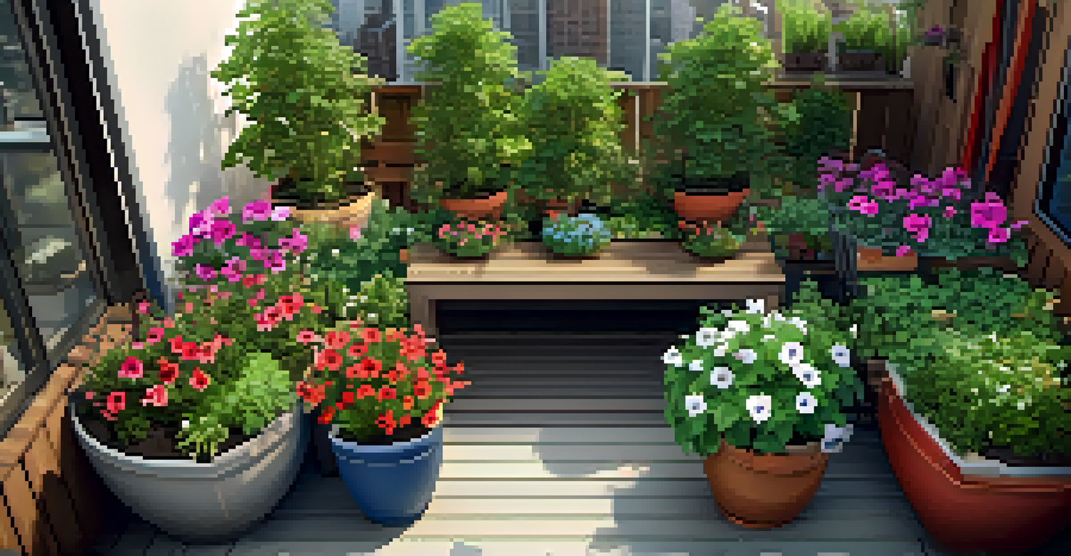 An overhead view of a container garden on a patio with various plants and a city skyline in the background.