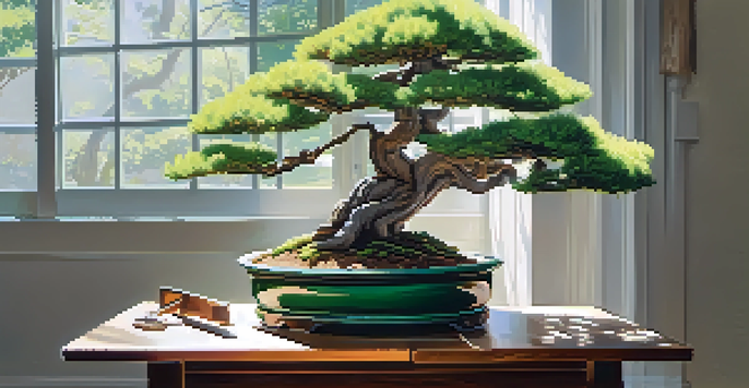 A beautifully pruned bonsai tree on a wooden table with gardening tools in a well-lit garden.