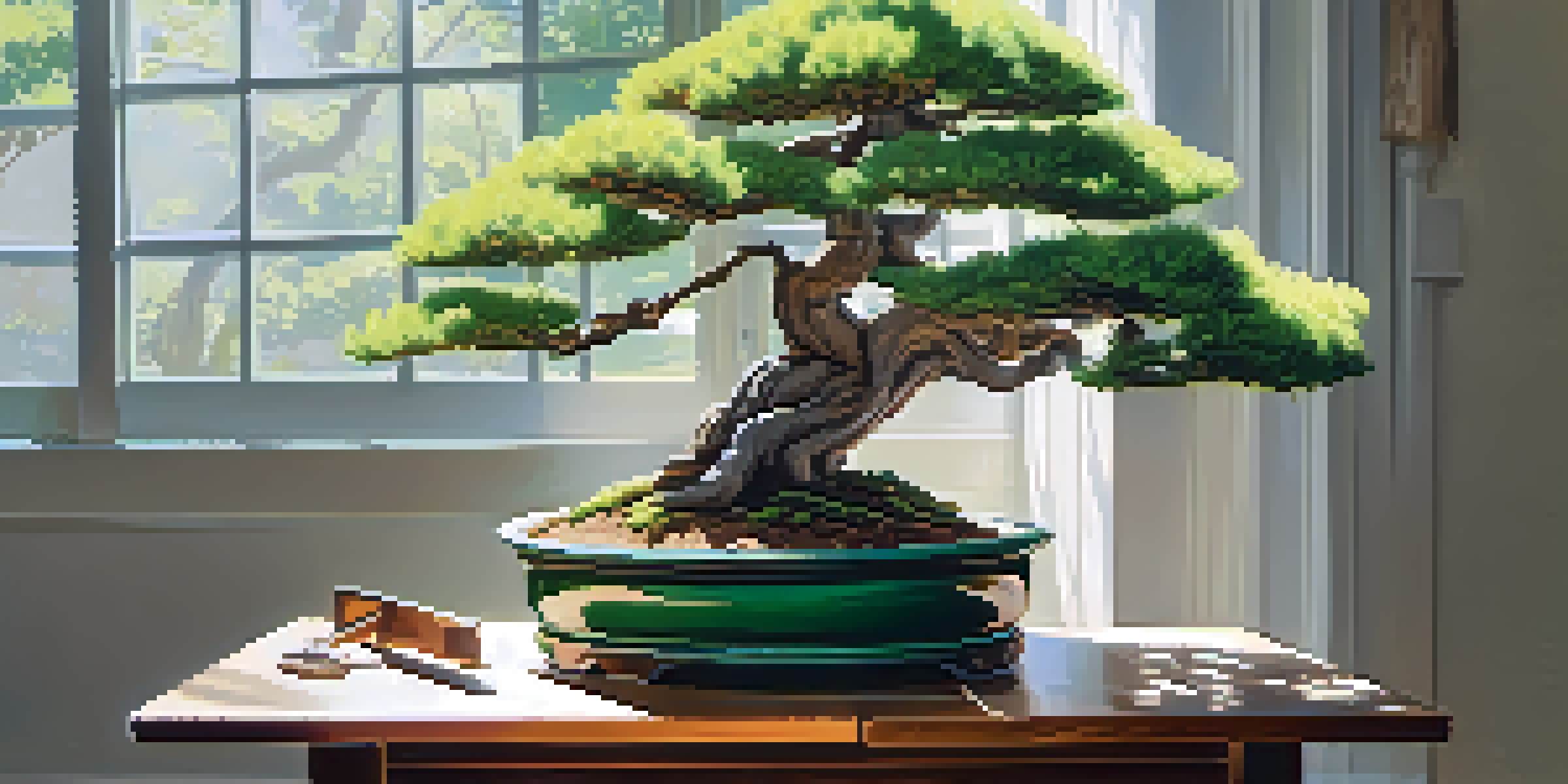 A beautifully pruned bonsai tree on a wooden table with gardening tools in a well-lit garden.