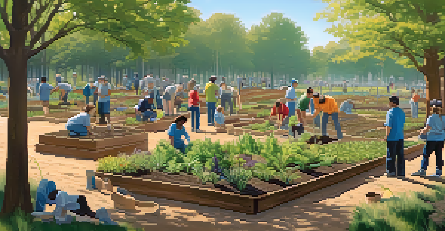 Volunteers planting native plants in a public park during a community planting day, surrounded by trees and a clear blue sky, showcasing teamwork and community involvement.