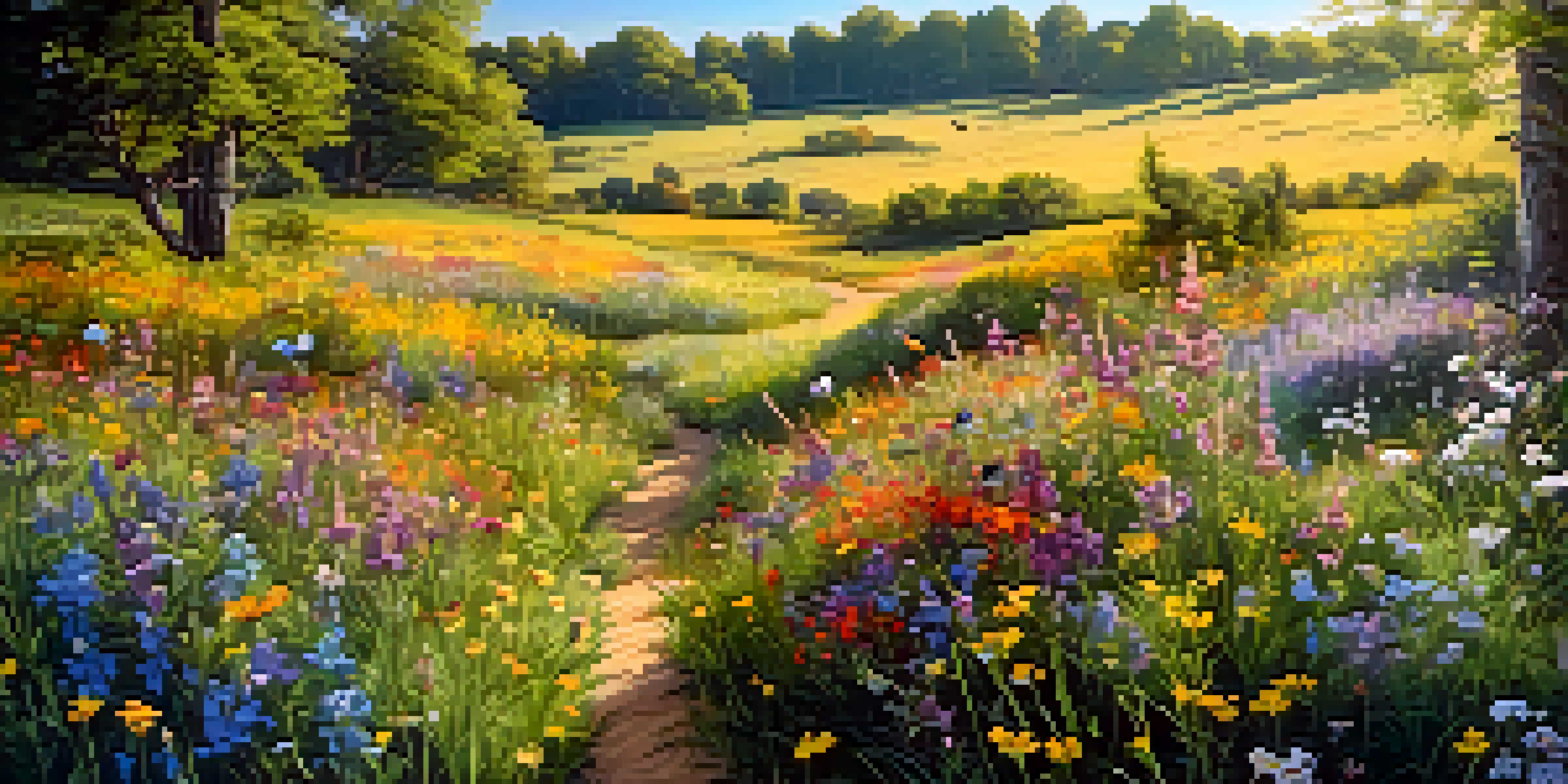 A colorful meadow with various wildflowers, bees, and butterflies under a bright blue sky.