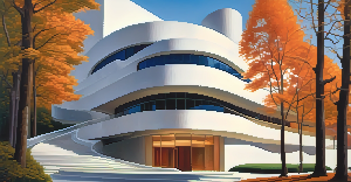 The Guggenheim Museum in New York with its spiraling ramp, surrounded by trees and a colorful evening sky.