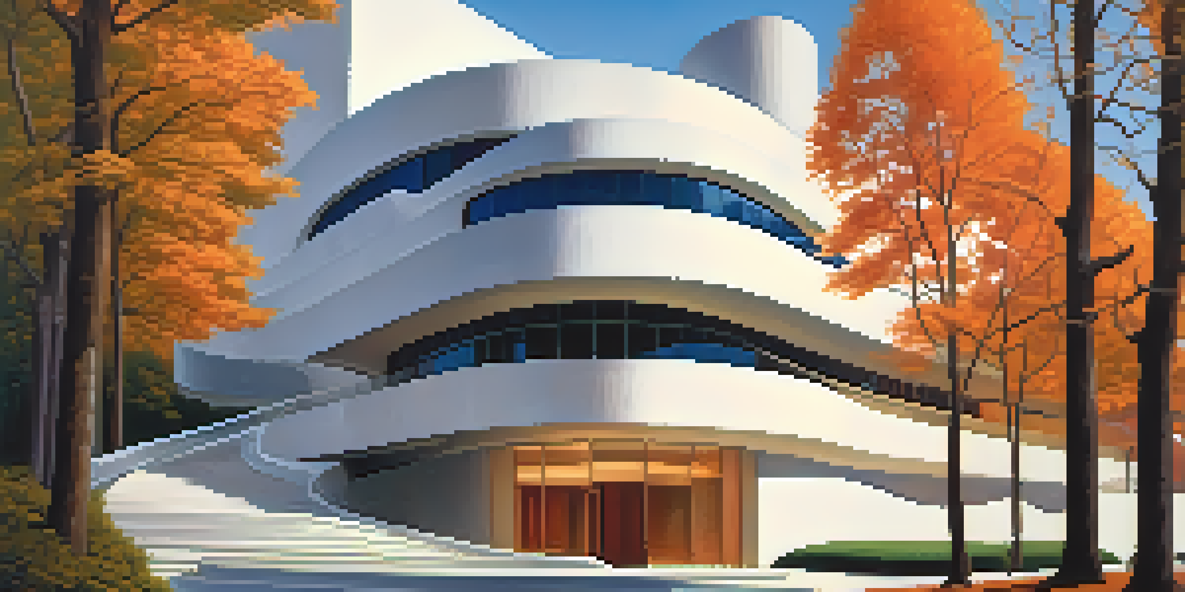 The Guggenheim Museum in New York with its spiraling ramp, surrounded by trees and a colorful evening sky.