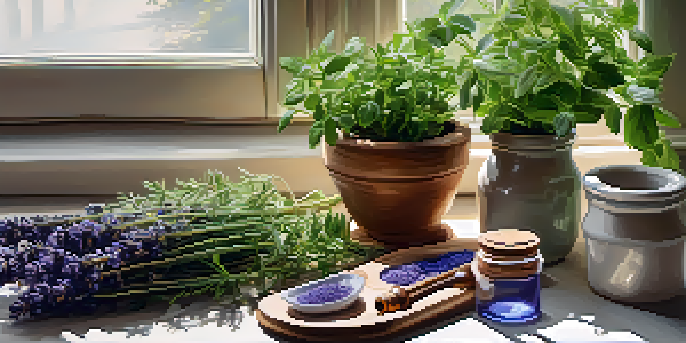 A calm workspace with essential oil bottles, herbs, and a mortar and pestle, illuminated by soft natural light.