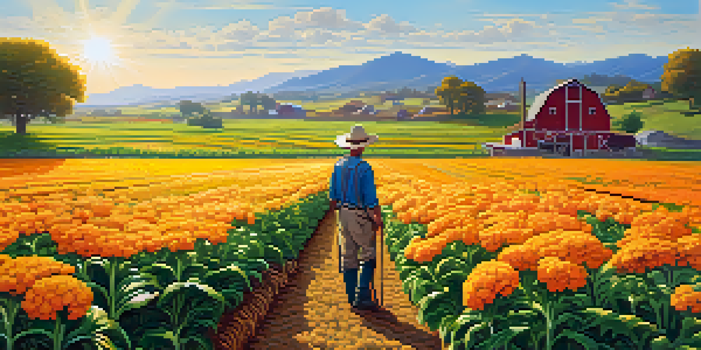 A sunny organic farm with green crops and blooming marigold flowers, a farmer inspecting the plants.