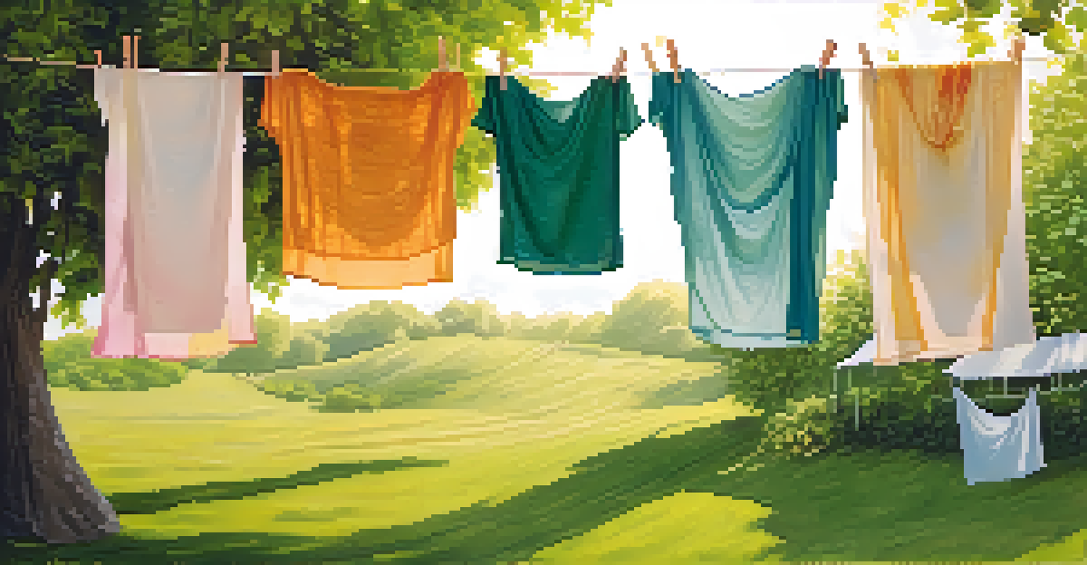 Naturally dyed plant fiber textiles hanging on a clothesline outdoors, with vibrant colors and a lush green background.