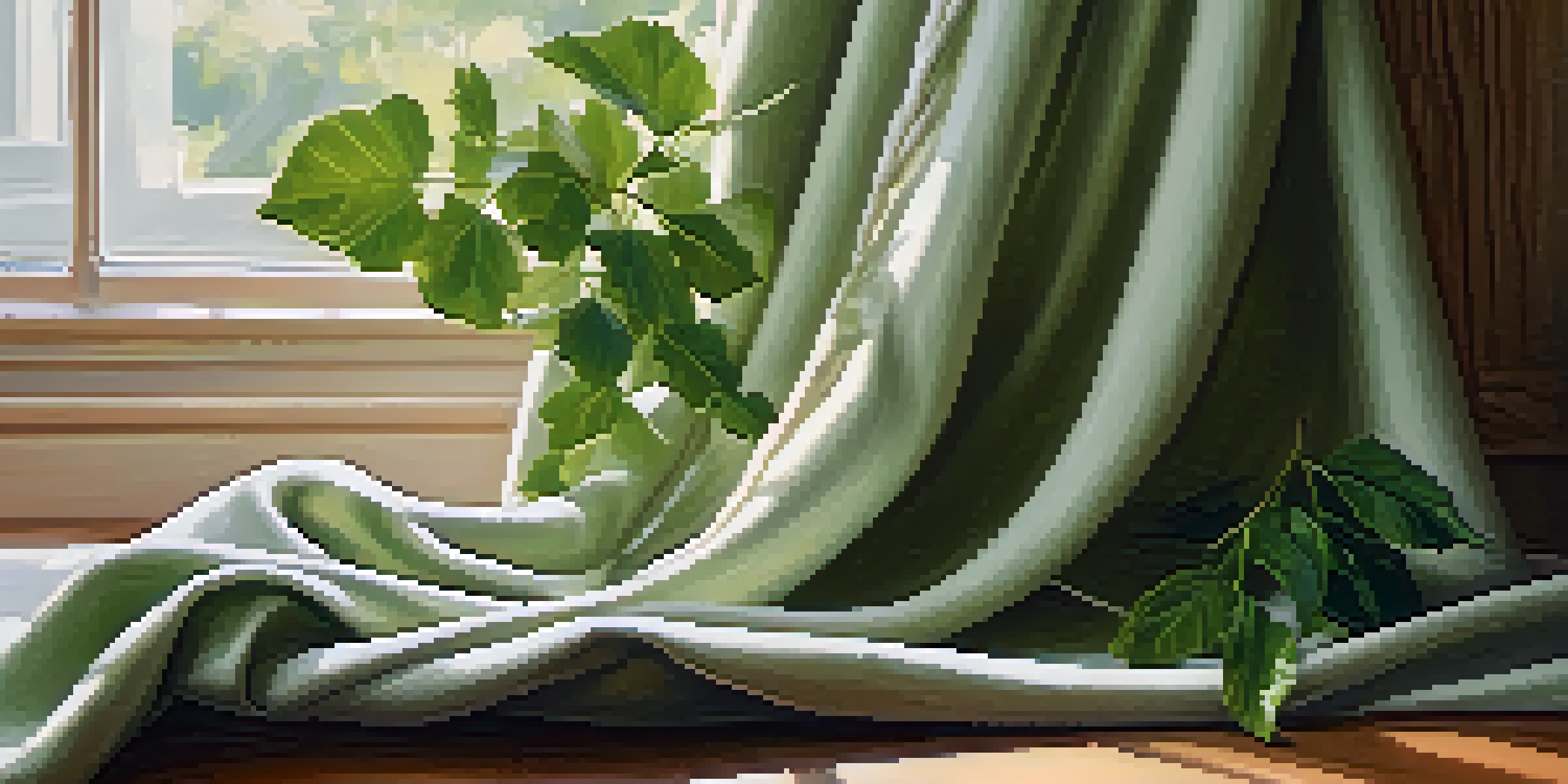 A close-up view of soft organic cotton fabric on a wooden table with sunlight and green leaves, emphasizing sustainable textiles.
