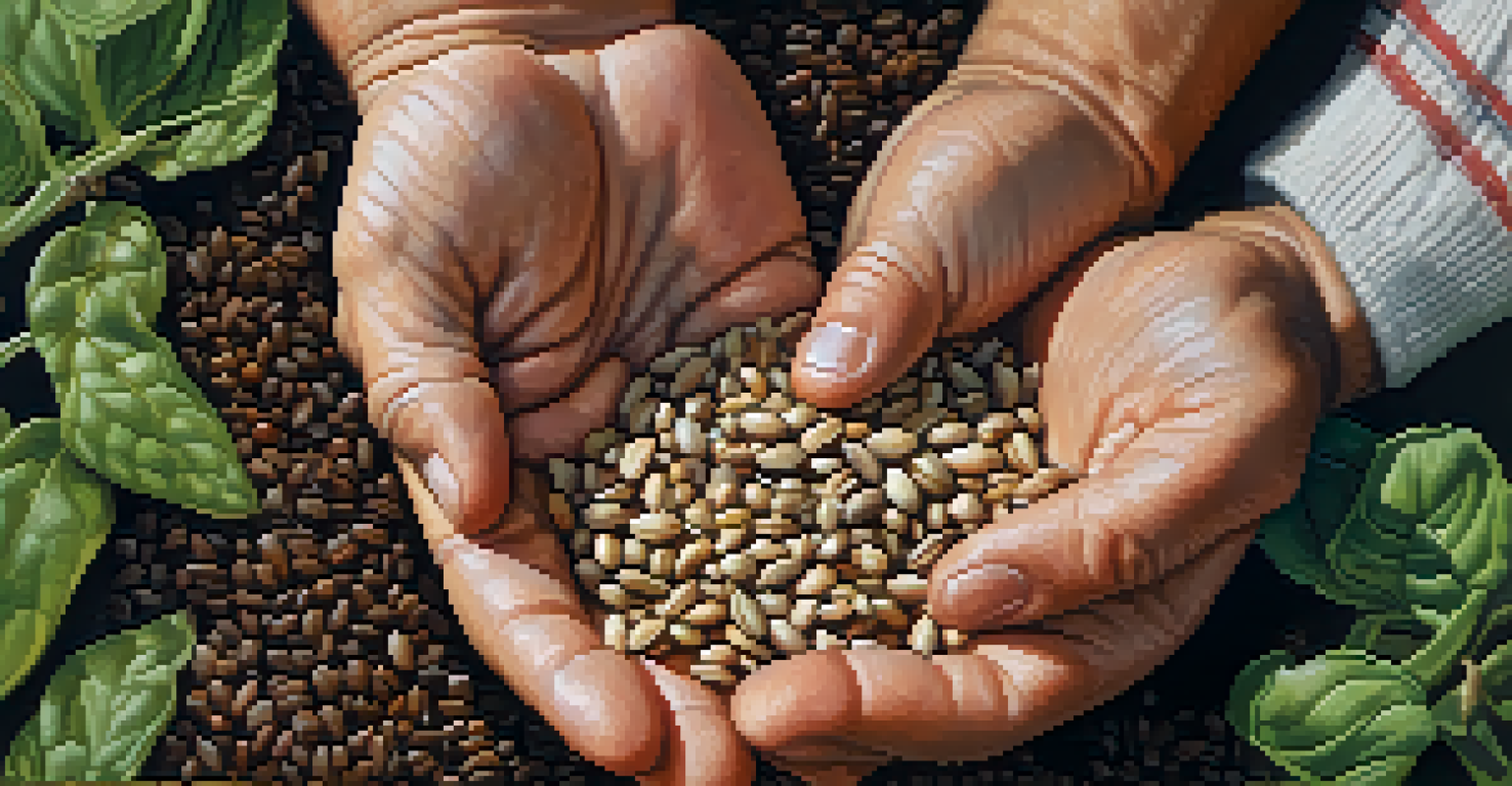 Close-up of a farmer's hands holding a variety of heirloom seeds against a backdrop of soil and green plants.
