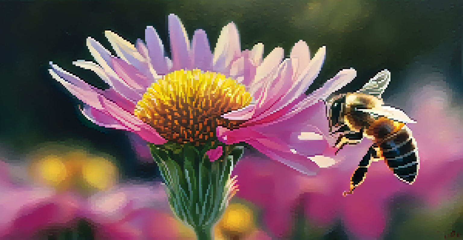A close-up of a honeybee gathering nectar from a flower, showcasing the intricate details of the bee and flower.