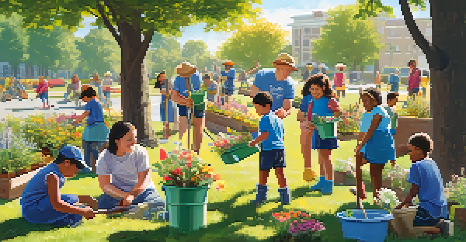 A community gathering where people are planting flowers in a park on a sunny day.