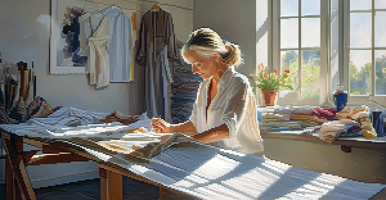 A fashion designer sewing in a sunlit studio filled with eco-friendly fabrics and sketches, creating a sustainable garment.